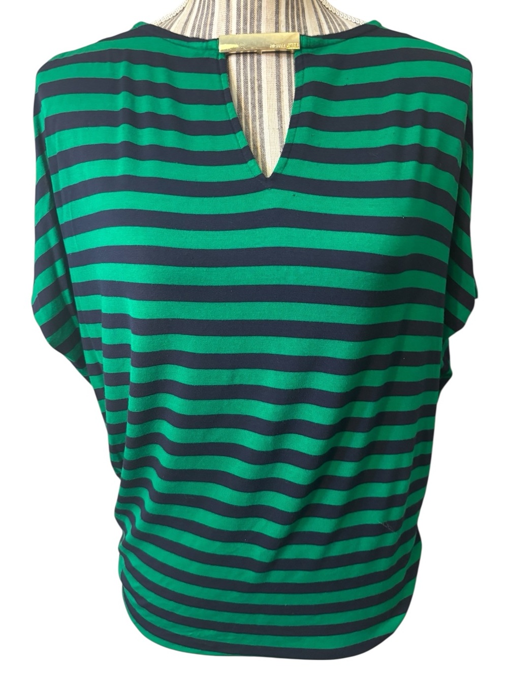 Michael Kors Top XS Green & Navy Blue Striped V-Notch Gold-tone Embellishment